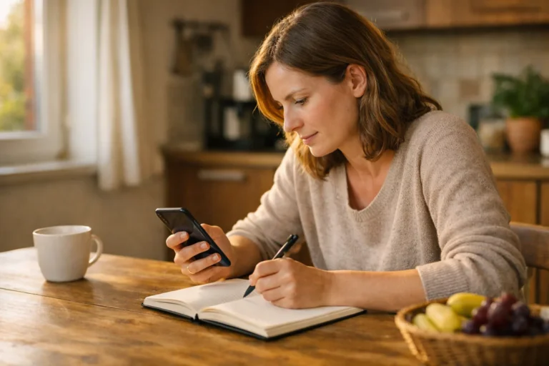Persoon bekijkt een smartphone en maakt notities aan de keukentafel om eigen Stories te vergelijken.