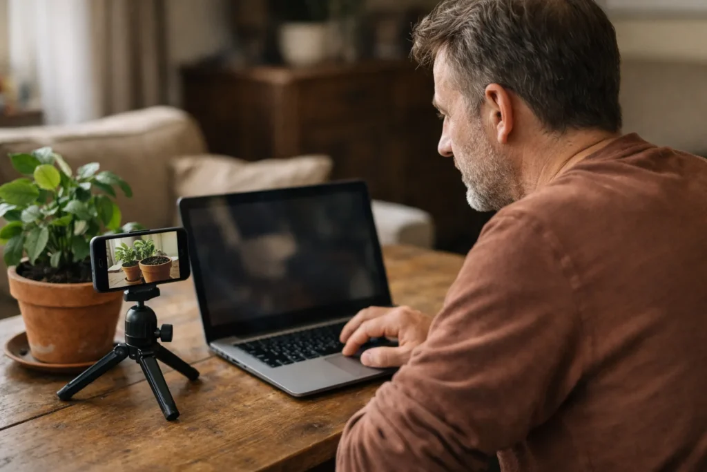 Persoon bekijkt een laptop na een livestream over het verpotten van een kamerplant.