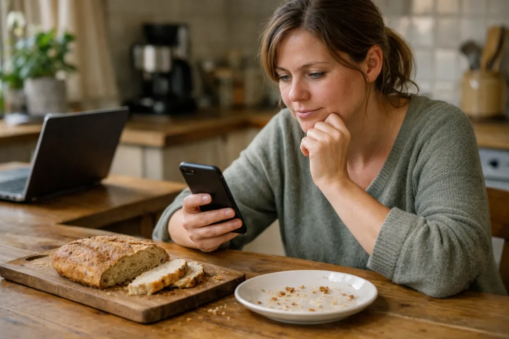 Iemand bedenkt aan de keukentafel een Instagram bijschrift bij een foto van zelfgebakken brood.