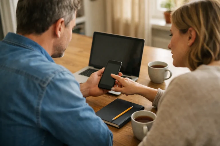Twee mensen bekijken samen een telefoon en laptop om hun berichten op sociale media te plannen.