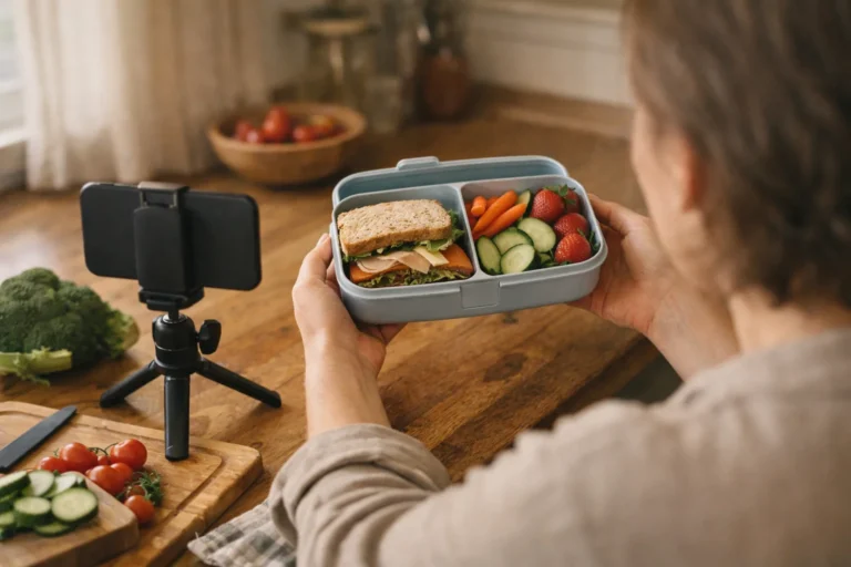 Persoon filmt in de keuken een gevulde lunchbox met een telefoon op een klein statief.