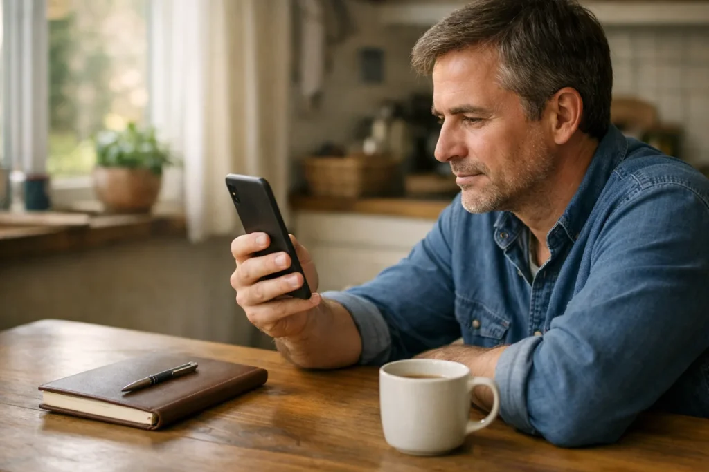 Iemand bekijkt een video op een smartphone aan de keukentafel.