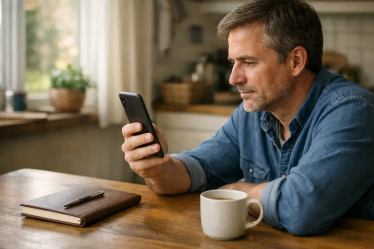 Iemand bekijkt een video op een smartphone aan de keukentafel.