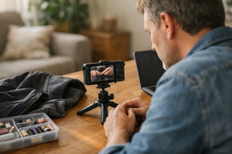 Iemand bekijkt aan een houten tafel een zelfgemaakte uitlegvideo over het repareren van een rits.