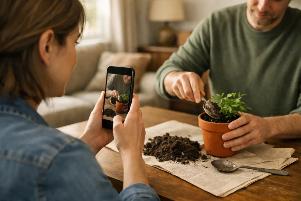 Iemand filmt met een telefoon hoe een kamerplant wordt verpot voor een Facebook Reel.