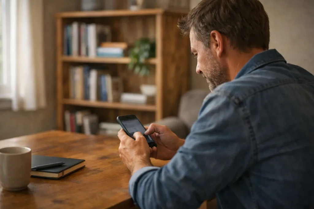 Persoon typt thuis een reactie op een smartphone met een zelfgemaakte boekenkast op de achtergrond.