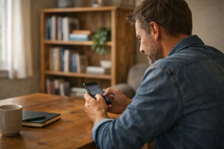 Persoon typt thuis een reactie op een smartphone met een zelfgemaakte boekenkast op de achtergrond.