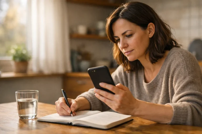Persoon bekijkt een telefoon en maakt aantekeningen bij het melden van een probleem op Instagram.