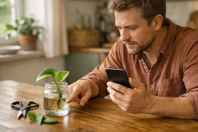 Iemand bekijkt een telefoon naast een plantenstekje na het opnemen van een video.