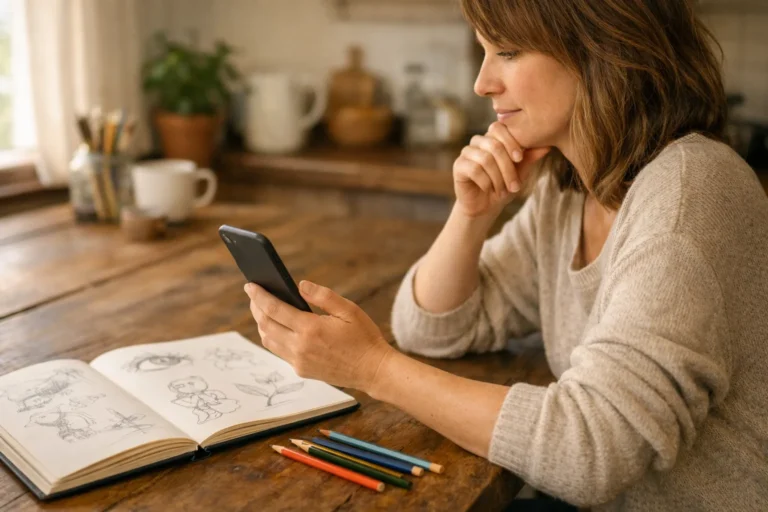 Persoon met een smartphone aan de keukentafel, naast een schetsboek en kleurpotloden.