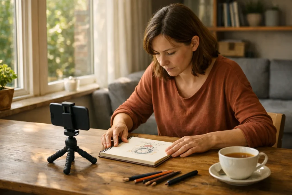 Een maker filmt een eigen illustratie met een smartphone aan een houten tafel.