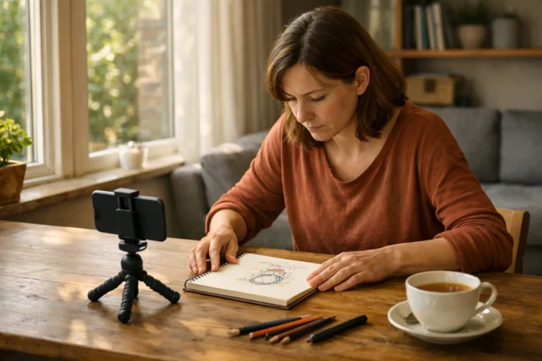 Een maker filmt een eigen illustratie met een smartphone aan een houten tafel.