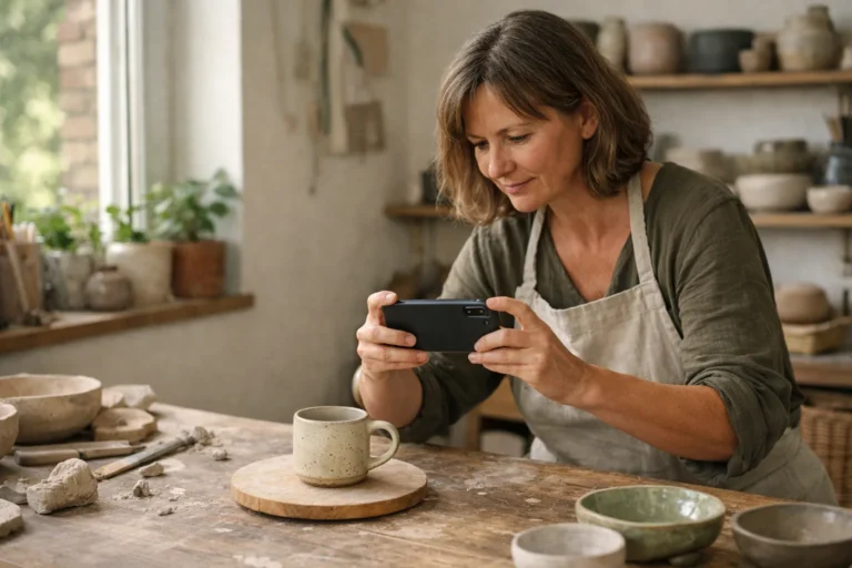 Keramiekmaker fotografeert een zelfgemaakte mok met een smartphone in een lichte werkruimte.