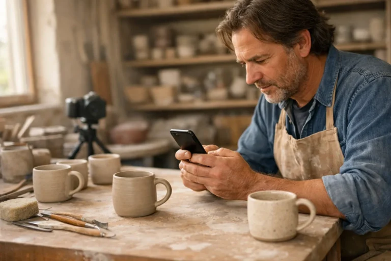 Keramist bekijkt een smartphone aan een werktafel met zelfgemaakte mokken in een atelier.