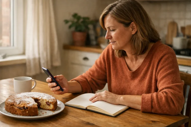 Persoon bekijkt een smartphone aan de keukentafel met een zelfgebakken taart en een open notitieboek.