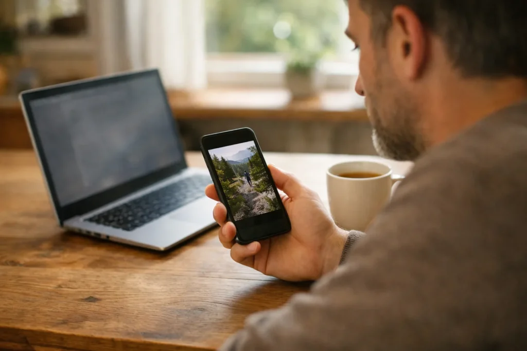 Persoon bekijkt een smartphone aan de keukentafel met een laptop ernaast.
