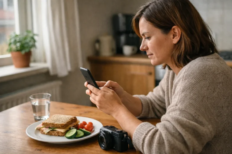 Persoon kiest tijdens de lunch aan de keukentafel een foto op de telefoon om op Instagram te plaatsen.