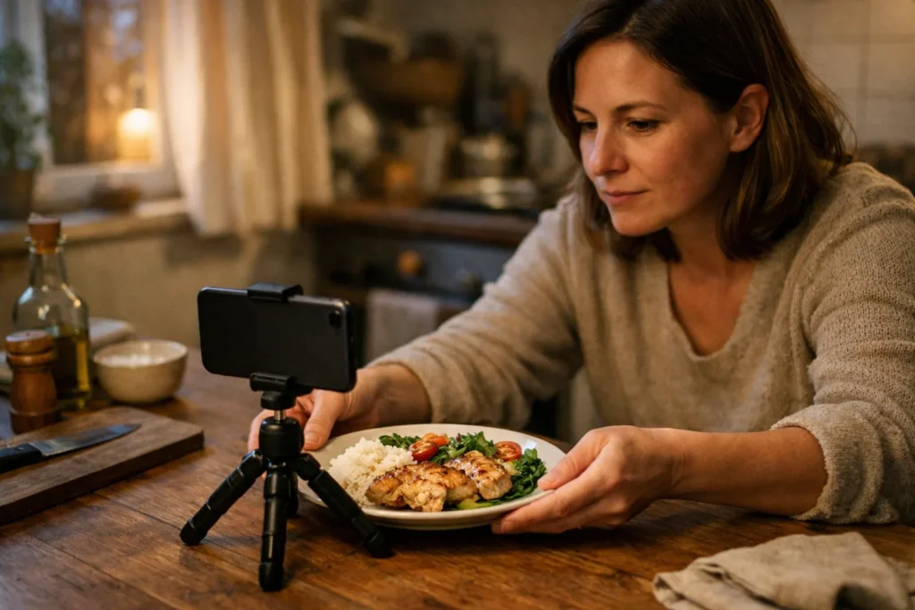 Persoon bereidt in de vroege avond aan de keukentafel een korte video voor met een smartphone.