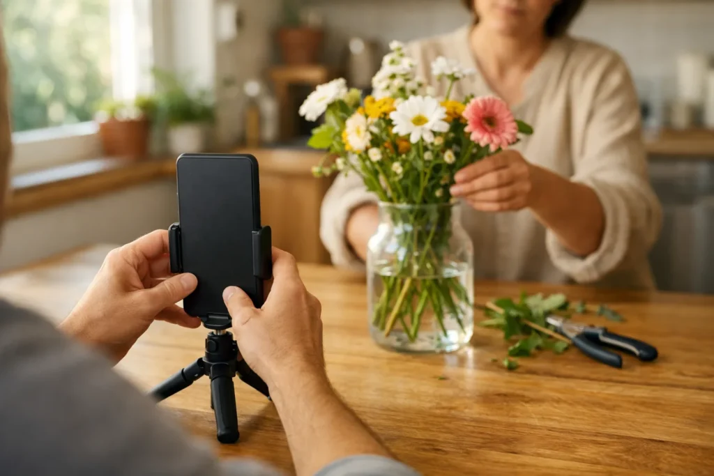 Iemand filmt met een rechtop geplaatste telefoon hoe een boeket wordt geschikt voor een Instagram Reel.