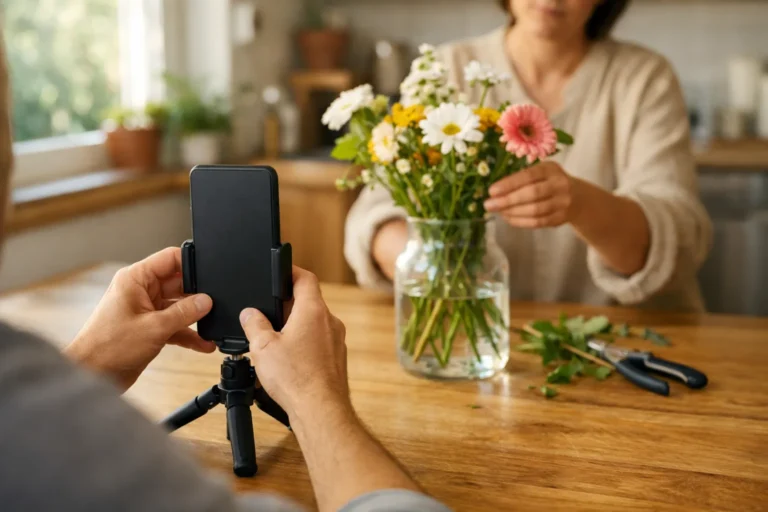 Iemand filmt met een rechtop geplaatste telefoon hoe een boeket wordt geschikt voor een Instagram Reel.