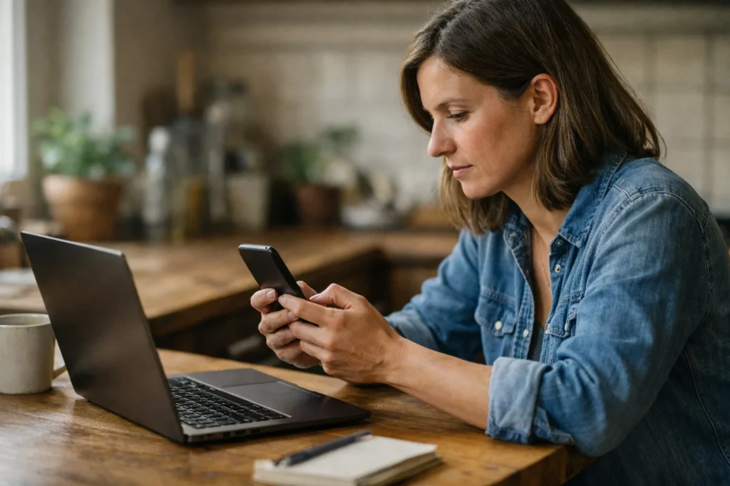 Persoon controleert een telefoon naast een laptop aan de keukentafel.