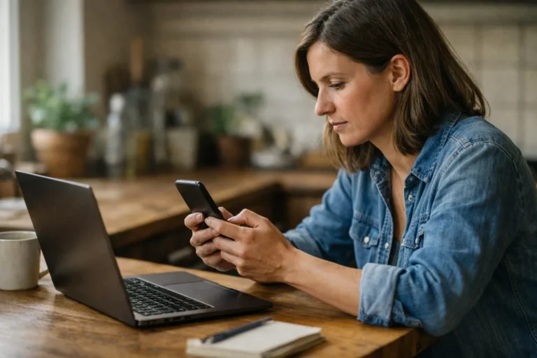 Persoon controleert een telefoon naast een laptop aan de keukentafel.