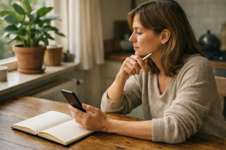 Persoon aan de keukentafel met een telefoon en notitieboek om een Instagram bio te bedenken