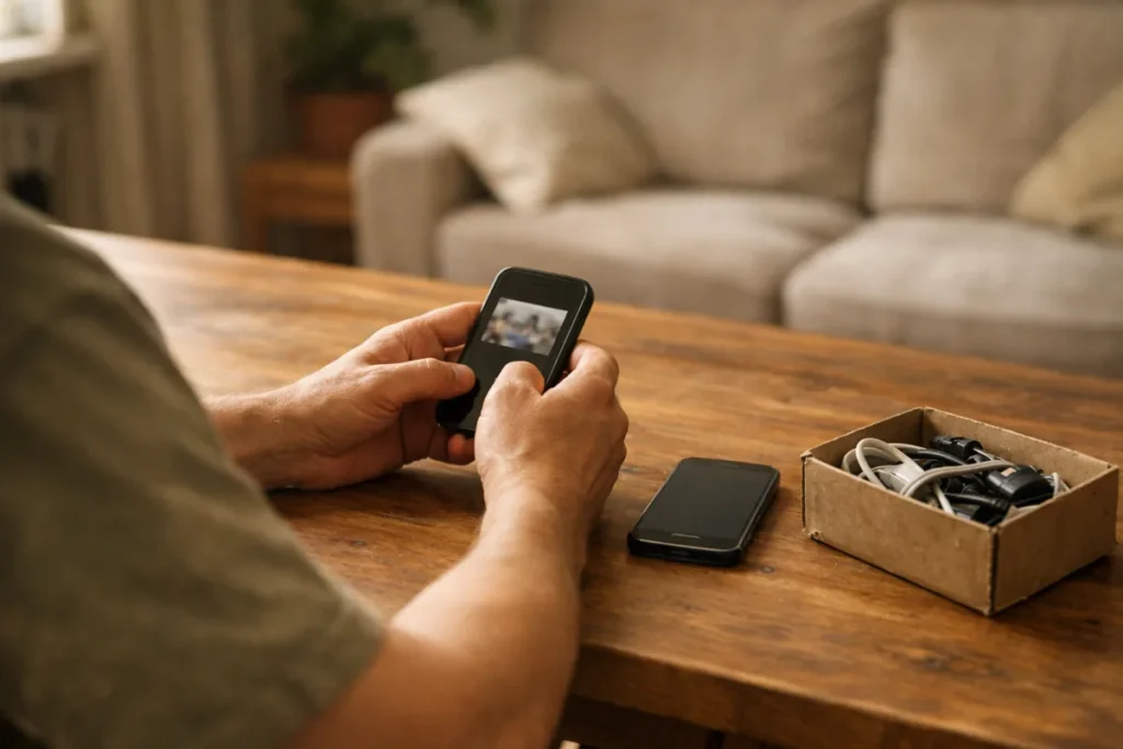 Persoon bekijkt een oude telefoon aan tafel om persoonlijke filmpjes terug te zoeken.
