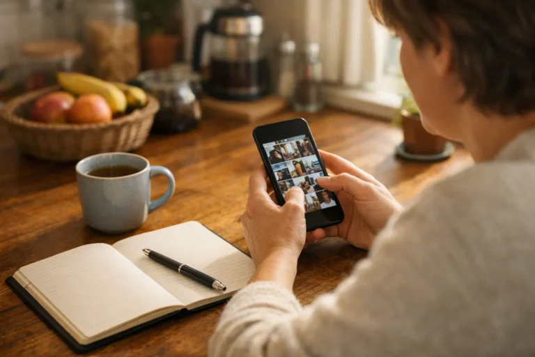 Persoon met een smartphone en notitieboek aan de keukentafel die een moment kiest om een bericht te plaatsen.