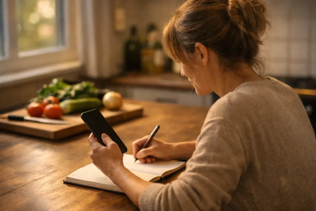 Persoon aan de keukentafel die met een telefoon en schrift het plaatsen van een Reel plant.