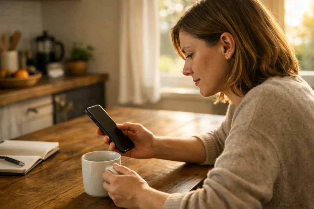 Persoon bekijkt een smartphone aan de keukentafel om een Instagram bio te vinden.