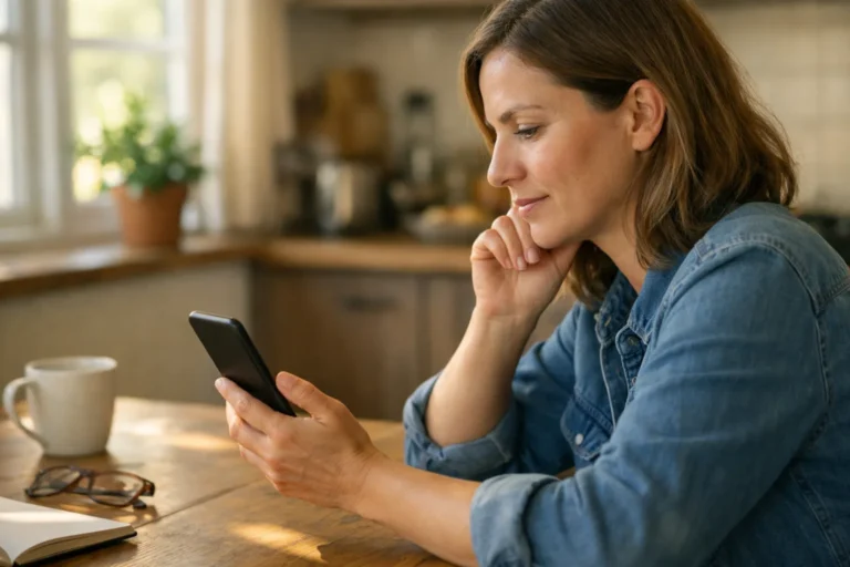 Een persoon bekijkt een smartphone aan de keukentafel.