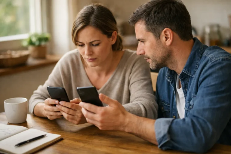 Twee mensen vergelijken thuis op hun telefoons of een Instagram highlight zichtbaar is.