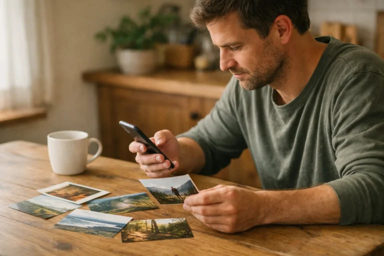 Persoon bekijkt een smartphone en kiest aan de keukentafel foto's voor een volgend Instagrambericht.