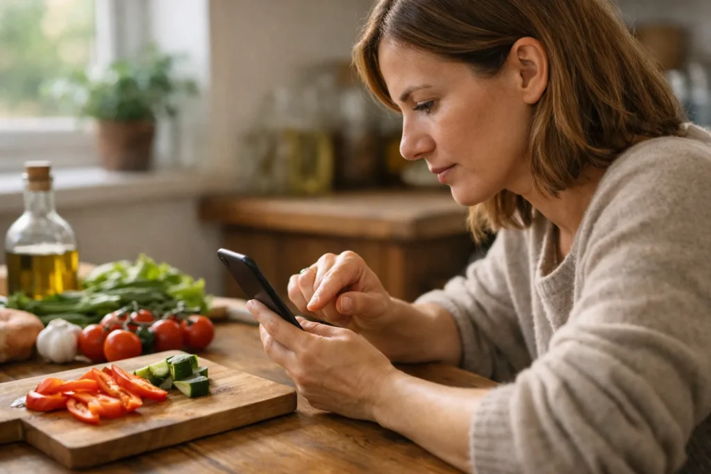 Persoon bekijkt een smartphone aan de keukentafel om een kookvideo te bewaren.