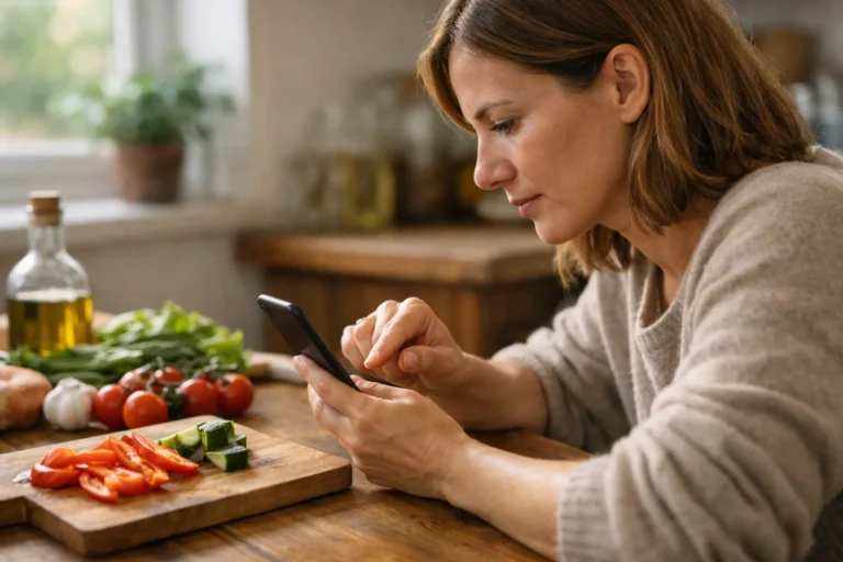 Persoon bekijkt een smartphone aan de keukentafel om een kookvideo te bewaren.
