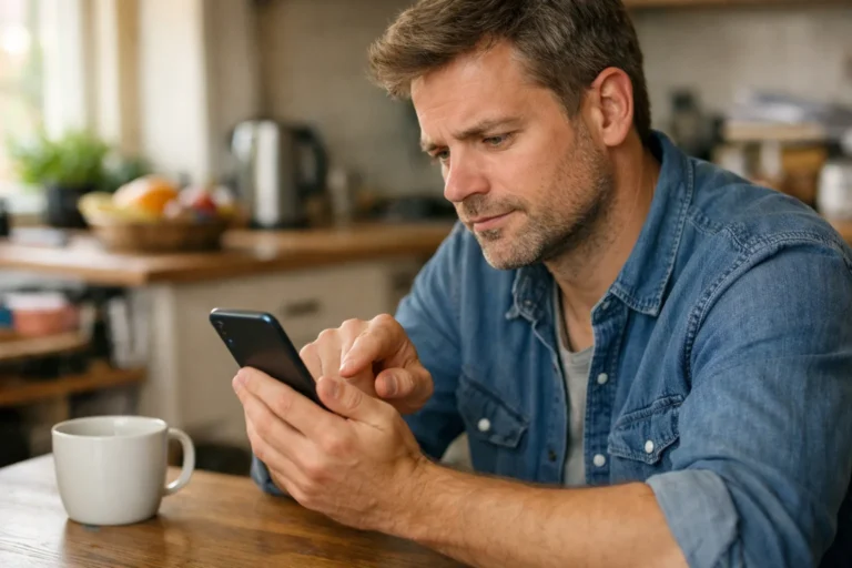 Persoon aan de keukentafel die op een smartphone reacties bij een video probeert te bekijken.