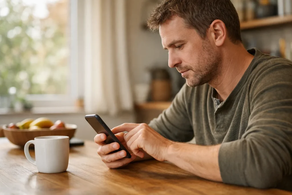 Persoon bekijkt een smartphone aan de keukentafel om een instelling voor profielweergaven te zoeken.