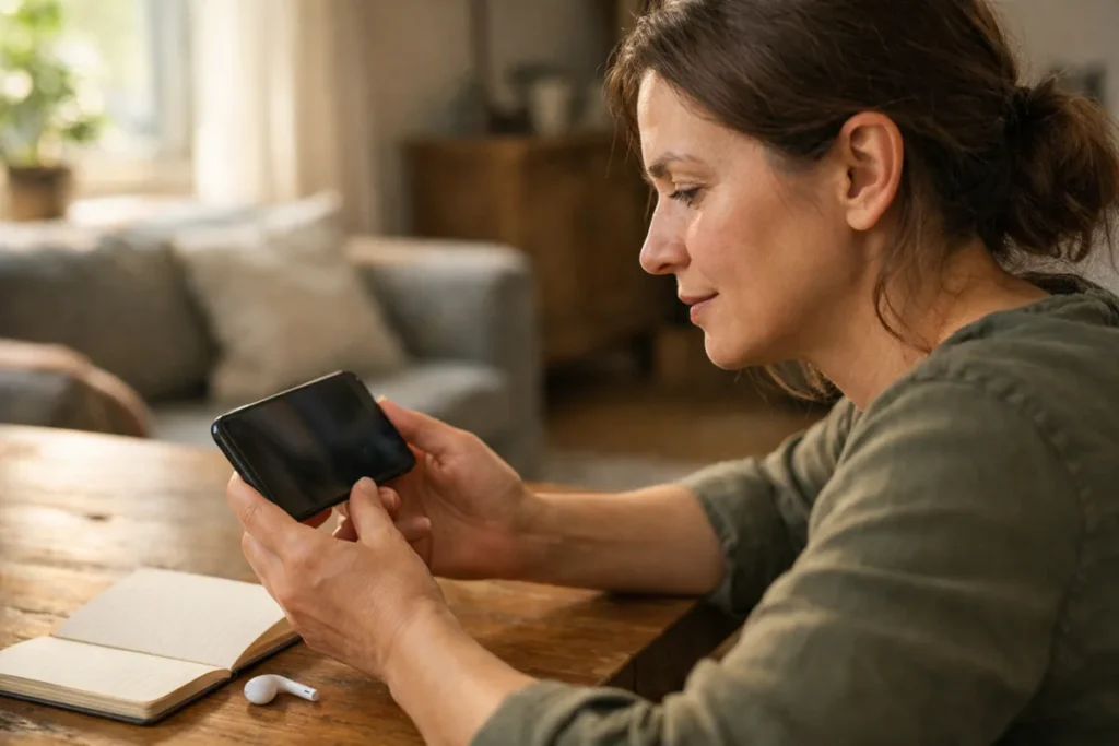 Persoon die thuis op een smartphone het geluid van een eigen video controleert.
