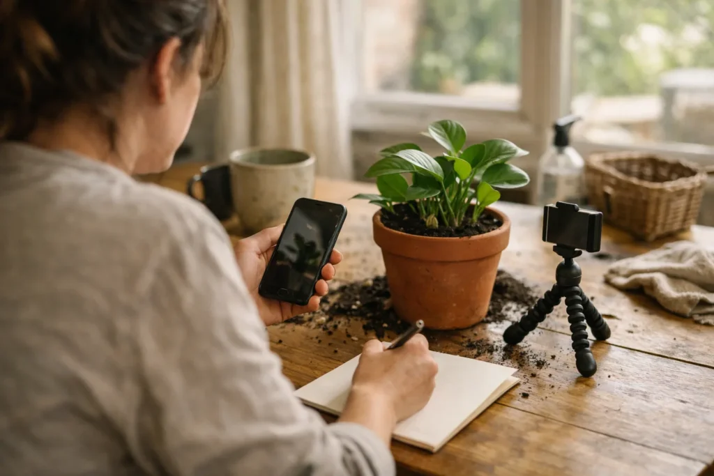 Persoon bekijkt een telefoon en maakt aantekeningen na het filmen van het verpotten van een plant.