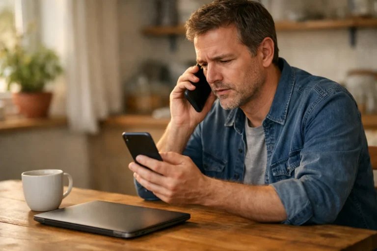 Persoon bekijkt een smartphone en belt een bekende over verdachte berichten.