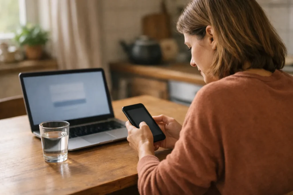 Persoon controleert een telefoon naast een open laptop bij problemen met inloggen op Facebook.