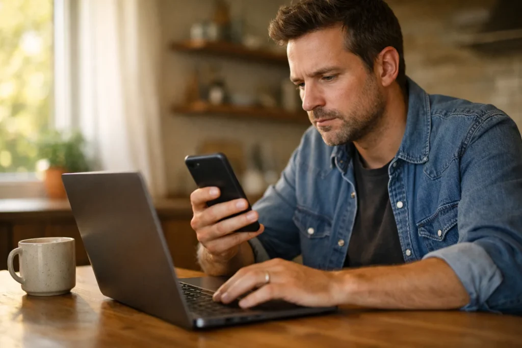 Persoon vergelijkt een telefoon met een laptop om een inlogprobleem op Instagram te onderzoeken.