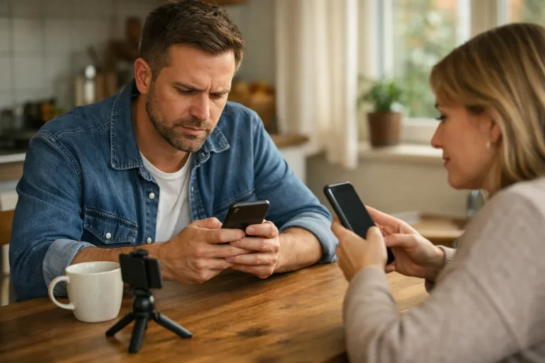 Twee mensen controleren thuis op hun telefoons of een geplaatste video zichtbaar is.
