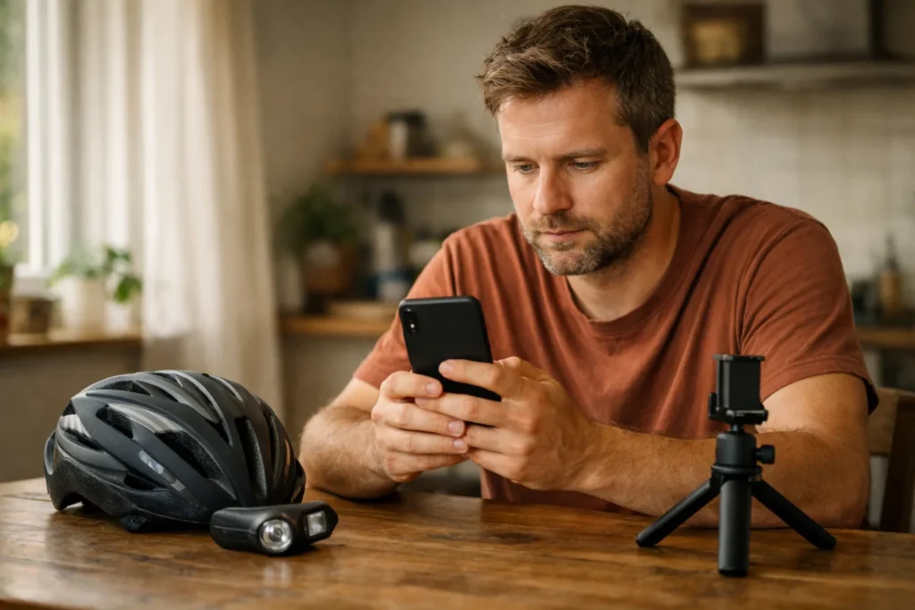 Persoon bekijkt een telefoon aan de keukentafel na het filmen van een tip over een fietslamp.