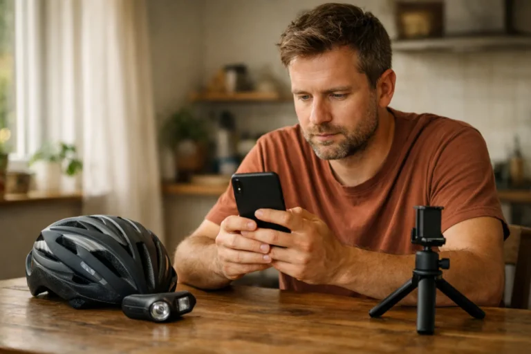 Persoon bekijkt een telefoon aan de keukentafel na het filmen van een tip over een fietslamp.