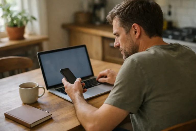 Persoon vergelijkt een smartphone en laptop om te onderzoeken waarom Facebook niet werkt.