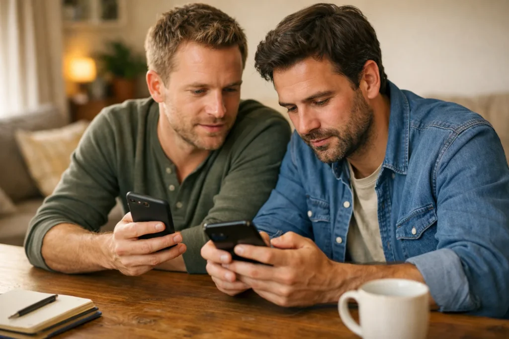 Twee vrienden controleren samen op hun telefoons of een Instagram bericht zichtbaar is.