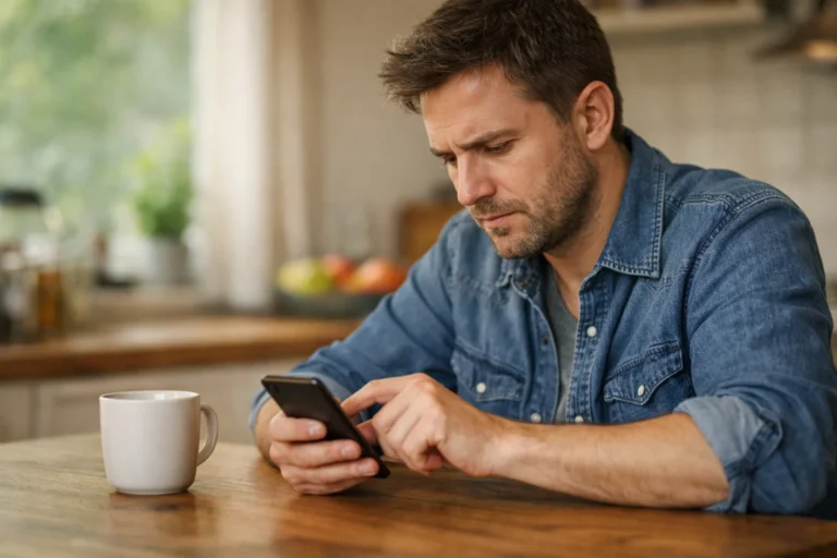 Een persoon bekijkt een smartphone aan de keukentafel om een probleem met Messenger te onderzoeken.