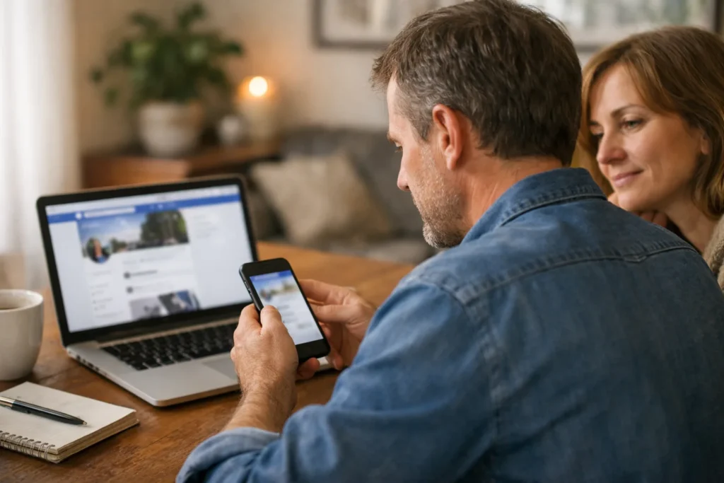 Iemand zoekt een ontbrekend Facebook bericht op een telefoon met een laptop ernaast.